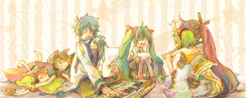 3boys 3girls blonde_hair blue_eyes blue_hair commentary_request den detached_sleeves doughnut food goggles green_eyes green_hair gumi hair_ornament hair_ribbon hairclip hatsune_miku kagamine_len kagamine_rin kaito_(vocaloid) kamui_gakupo long_hair multiple_boys multiple_girls necktie photoshop_(medium) ribbon short_hair siblings skirt smile thighhighs twins twintails vocaloid zettai_ryouiki