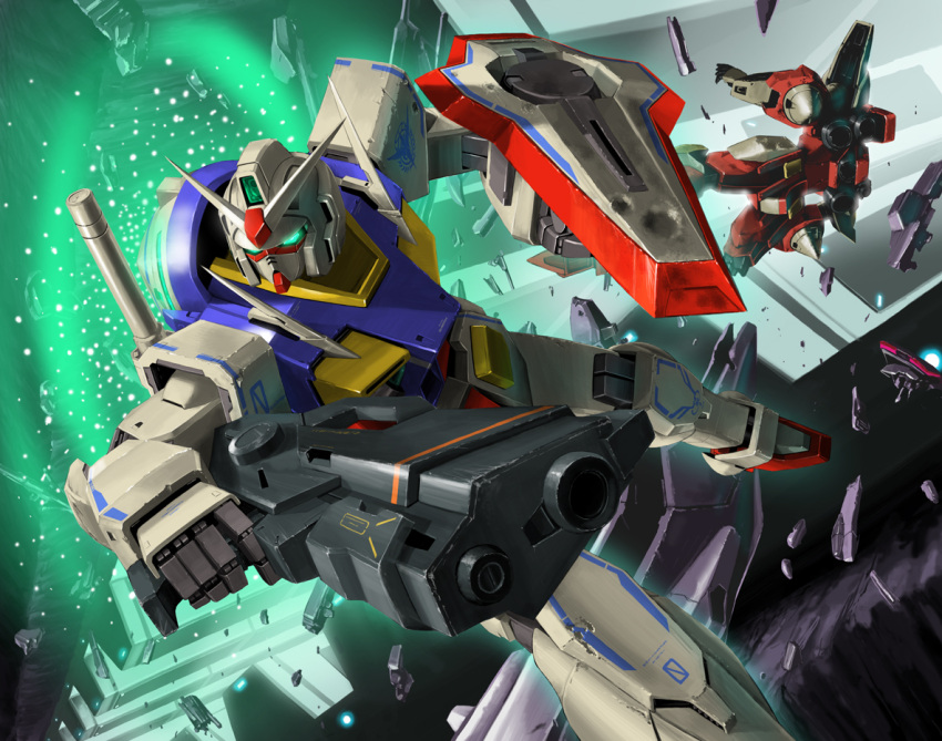 0_gundam aquakurow armor beam_rifle commentary_request damaged energy_gun gn_drive gundam gundam_00 helmet light_particles machinery mecha mobile_suit no_humans photoshop_(medium) reborns_gundam robot science_fiction shield v-fin weapon