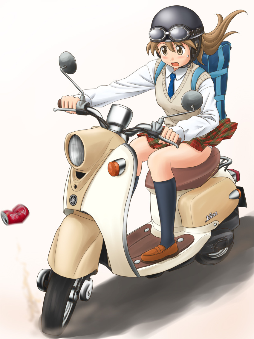 brown_eyes brown_hair commentary_request female helmet highres lielos motor_vehicle on_scooter original panties poniko_(lielos) ponytail school_uniform scooter solo underwear