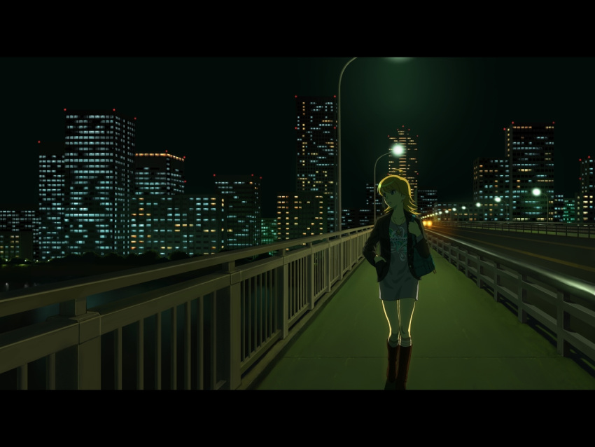 backlighting bad_id bad_pixiv_id bag blonde_hair boots bridge car city city_lights dark female hand_in_pocket hoshii_miki idolmaster idolmaster_(classic) lamppost letterboxed motor_vehicle night om_(carbohydratism) railing road scenery shoulder_bag skyline solo street traffic_barrier vanishing_point