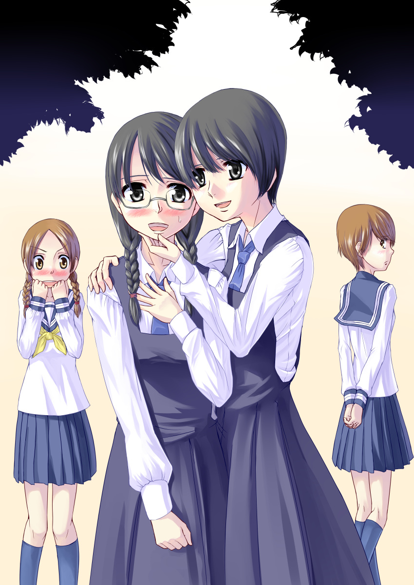 4girls absurdres aoi_hana black_hair blush braid brown_hair commentary_request glasses highres ikumi_kyouko kneehighs long_hair looking_back manjoume_fumi multiple_girls necktie nomi okudaira_akira open_mouth school_uniform serafuku short_hair skirt socks sugimoto_yasuko twin_braids twintails yuri