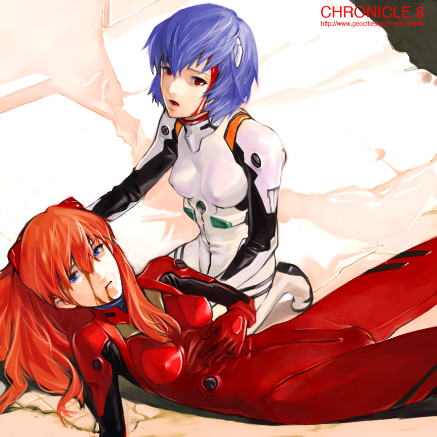 2girls ayanami_rei blood blue_eyes blue_hair bodysuit breasts cameltoe commentary_request covered_nipples headgear holding injury interface_headset kiyohisa long_hair lying multiple_girls neon_genesis_evangelion open_mouth orange_hair pilot_suit plugsuit red_bodysuit red_eyes red_hair science_fiction small_breasts souryuu_asuka_langley white_bodysuit