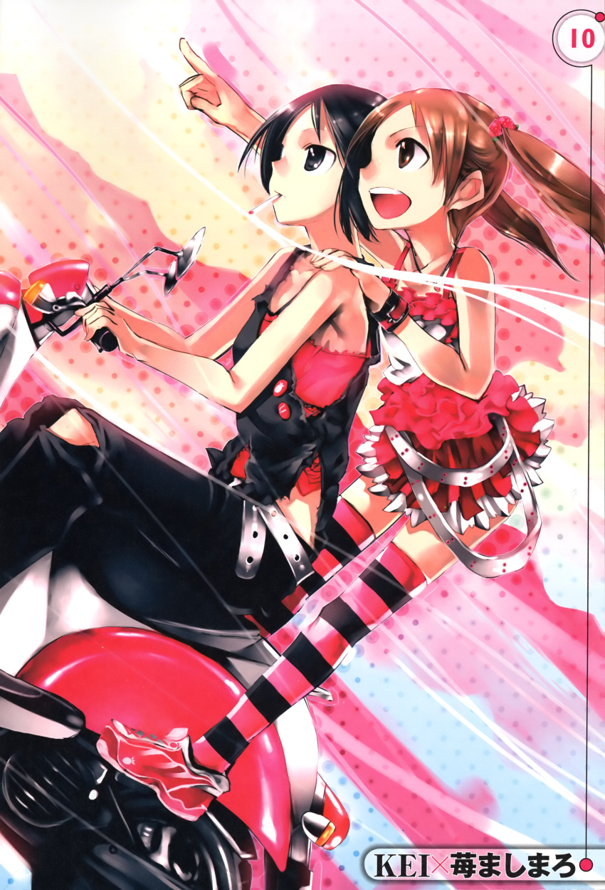 2girls absurdres cigarette dutch_angle highres ichigo_mashimaro itou_nobue kei_(keigarou) matsuoka_miu motor_vehicle multiple_girls on_scooter pillion pointing scooter smoking striped_clothes striped_thighhighs thighhighs