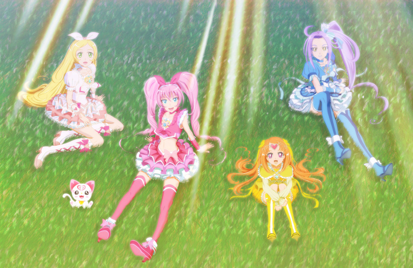 4girls atsuman_(hogumogu25) blue_choker blue_footwear blush boots bow choker commentary_request cure_beat cure_melody cure_muse_(yellow) cure_rhythm grass houjou_hibiki hummy_(suite_precure) knee_boots kurokawa_eren long_hair looking_at_viewer magical_girl minamino_kanade multiple_girls open_mouth photoshop_(medium) pink_bow pink_choker pink_wrist_cuffs precure seiren_(suite_precure) shirabe_ako sitting smile suite_precure thigh_boots thighhighs twintails white_choker wrist_cuffs yellow_bow