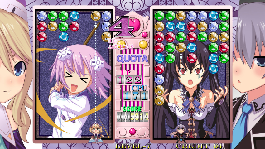 4girls black_hair blonde_hair blue_eyes choujigen_game_neptune_mk2 commentary_request d-pad dogoo enmouno fake_screenshot hair_ornament highres histoire jinguuji_kei magical_drop multiple_girls neptune_(neptunia) neptune_(series) noire_(neptunia) open_mouth parody photoshop_(medium) purple_hair red_eyes sword twintails weapon white_hair wooden_sword