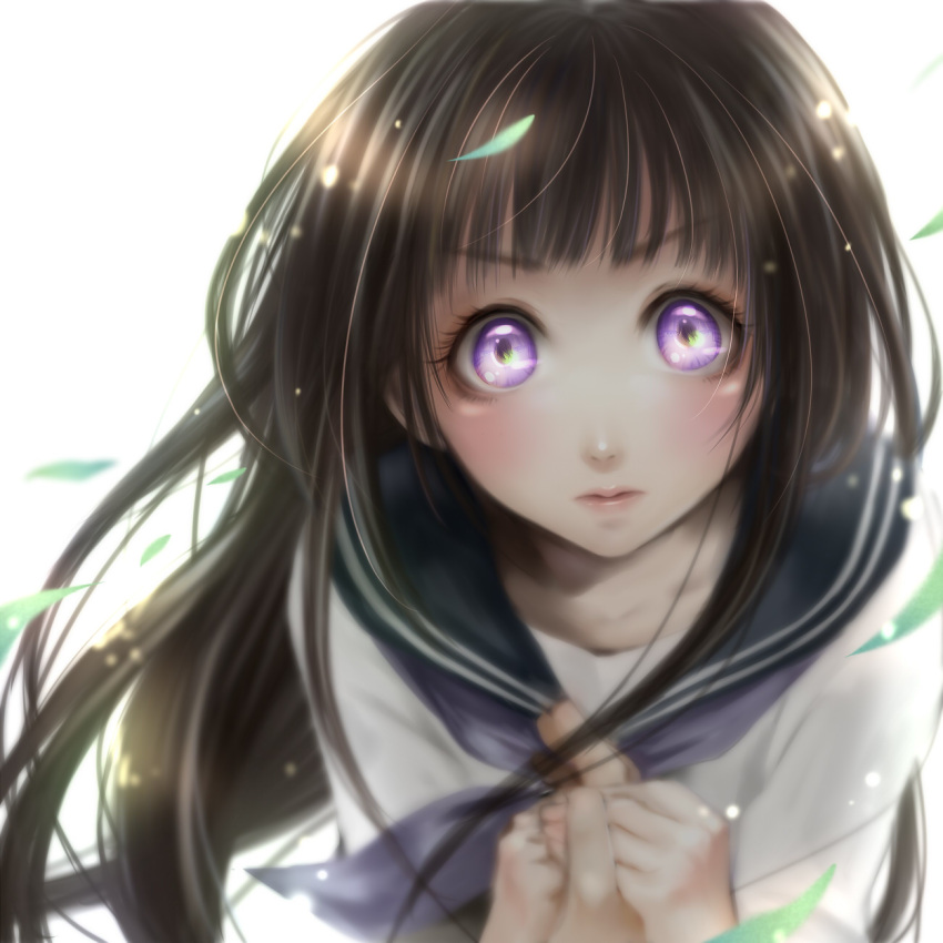 black_hair blush chitanda_eru female hand_holding highres hyouka lma long_hair purple_eyes school_uniform schoolgirl seifuku serafuku solo