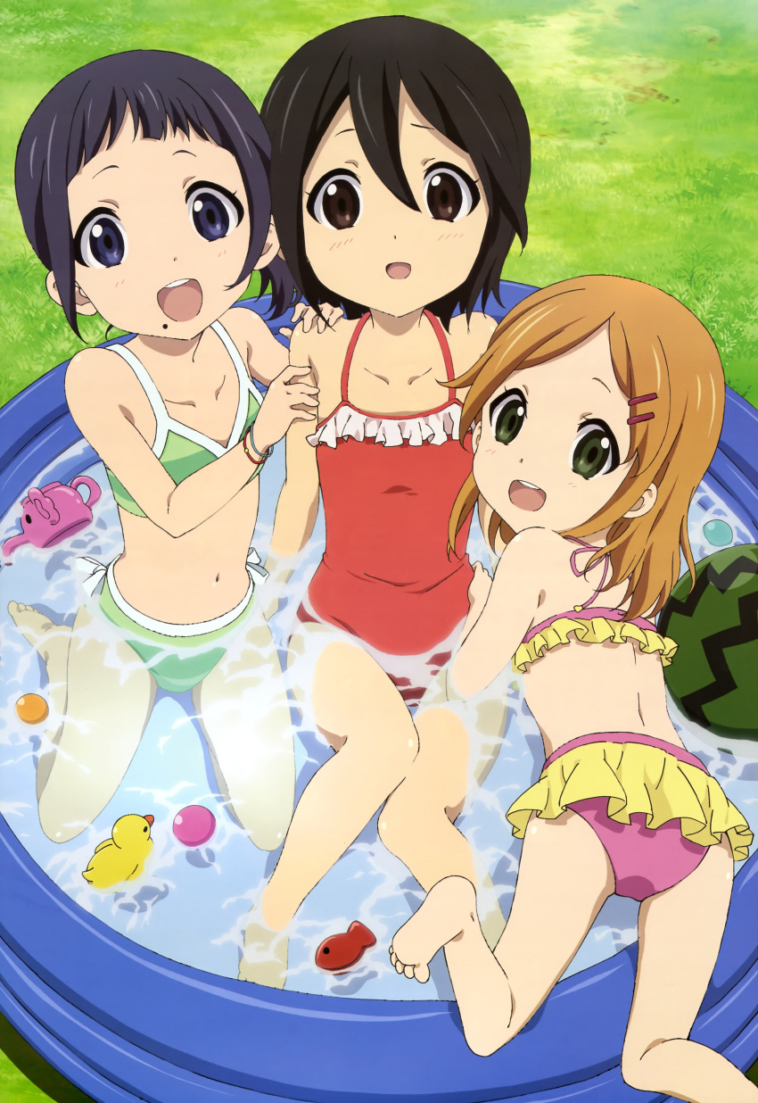 3girls :d absurdres aged_down barefoot bikini casual_one-piece_swimsuit frilled_bikini frilled_one-piece_swimsuit frills green_bikini hair_ornament hairclip highres inaba_himeko kiriyama_yui kokoro_connect looking_back mole mole_under_mouth multiple_girls nagase_iori navel nyantype one-piece_swimsuit open_mouth pink_bikini red_one-piece_swimsuit rubber_duck smile swimsuit tsutsumiya_noriko wading_pool