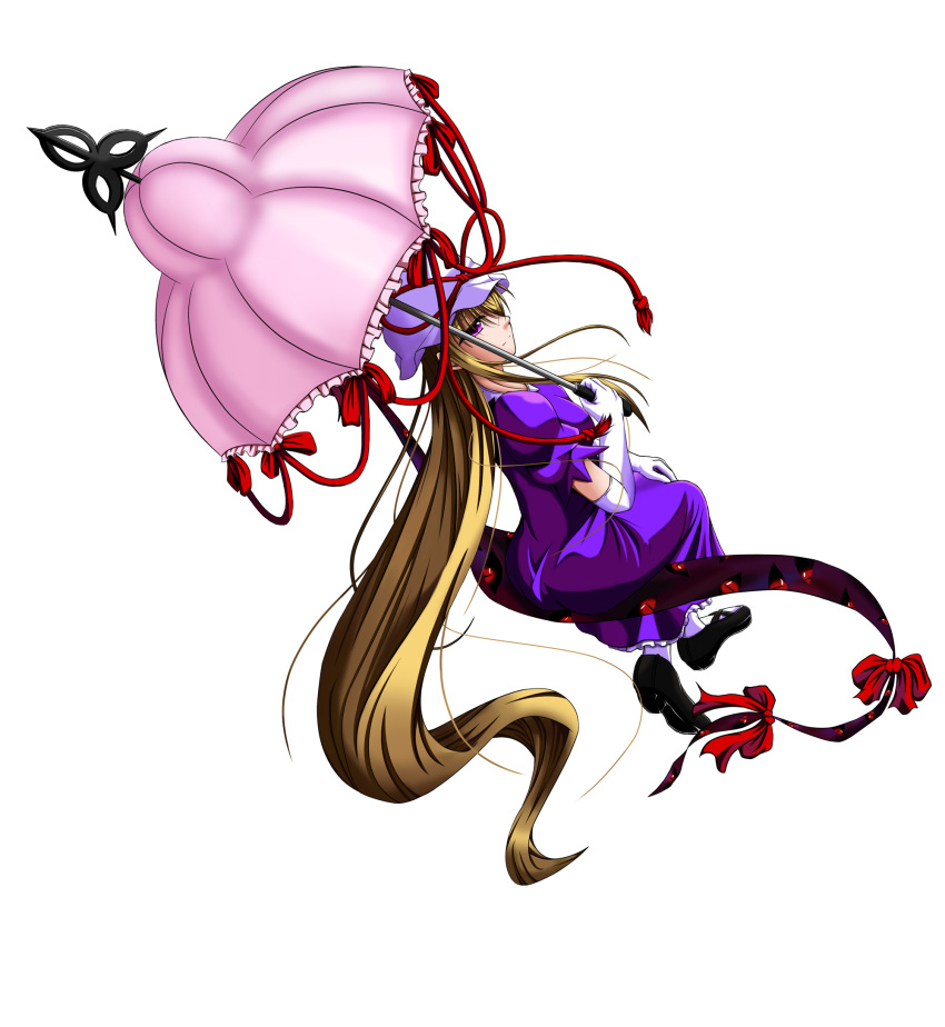 blonde_hair dress female female hat hat_ribbon highres long_hair looking_back pandora_(angelfeather-heart) purple_eyes ribbon sitting touhou umbrella white_dress yakumo_yukari