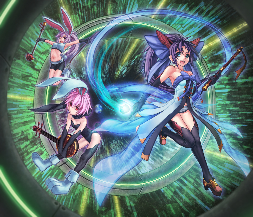 3girls animal_ears aqua_eyes bad_id bad_pixiv_id bare_shoulders boots chang'e chinese_clothes elbow_gloves erhu gloves hagoromo hair_ribbon highres instrument leg_up long_hair lute_(instrument) magic moon_rabbit multiple_girls navel one_eye_closed original personification playboy_bunny ponytail purple_hair rabbit rabbit_ears red_eyes ribbon rotix ruan shawl short_hair teeth