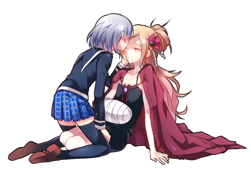 2girls alternate_costume arm_support binbougami_ga! black_legwear blonde_hair blush cape cast commentary_request couple dress flower grey_hair hair_flower hair_ornament hair_over_one_eye hand_on_another's_face japanese_clothes kissing kneeling messy_hair miniskirt momiji_(binbougami_ga!) multiple_girls photoshop_(medium) plaid plaid_skirt pleated_skirt ponytail rex_k sakura_ichiko school_uniform serafuku shoes short_hair sitting skirt thighhighs white_background yellow_eyes yokozuwari yuri zettai_ryouiki