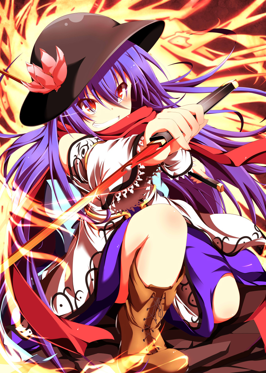 absurdres blue_hair blush commentary_request cross-laced_footwear detached_sleeves female fire flower highres hinanawi_tenshi kneeling long_hair orange_eyes solo sword sword_of_hisou touhou wakagi_repa weapon