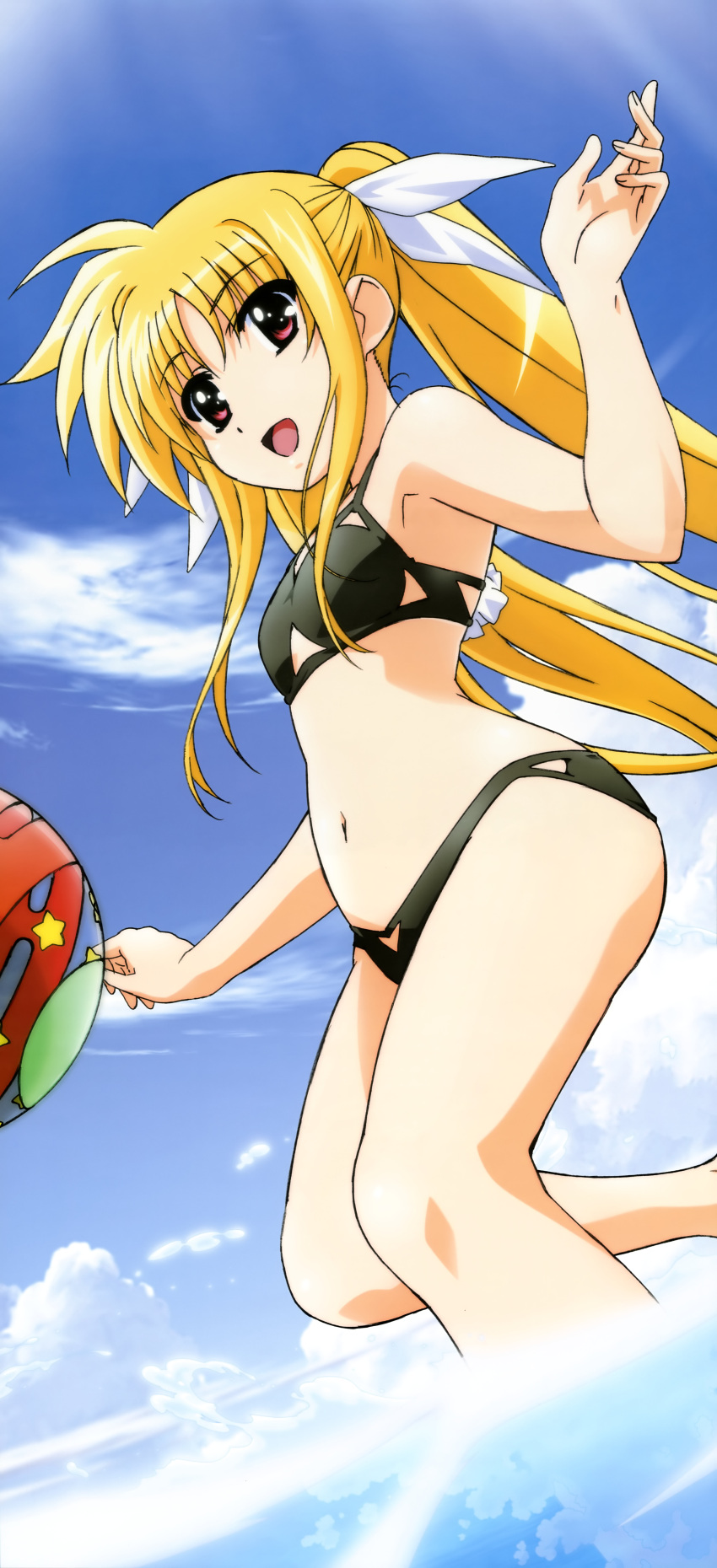 absurdres bikini black_bikini blonde_hair fate_testarossa female hashimoto_takayoshi highres imageboard_desourced long_hair lyrical_nanoha mahou_shoujo_lyrical_nanoha non-web_source nyantype official_art open_mouth red_eyes solo stick_poster swimsuit twintails very_long_hair water