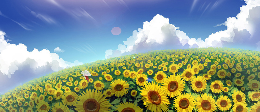 cloud commentary_request day female field flower flower_field garden_of_the_sun kazami_yuuka landscape madcocoon outdoors scenery sky solo standing sunflower sunflower_field sunlight touhou umbrella