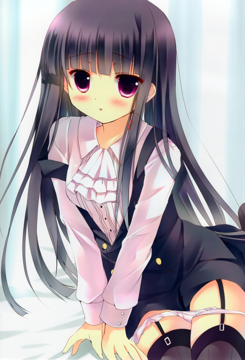 :o absurdres azumi_kazuki black_hair black_thighhighs blush dress female garter_straps highres hime_cut inu_x_boku_ss long_hair looking_at_viewer panties panty_pull pink_eyes purple_eyes scan school_uniform shirakiin_ririchiyo sitting solo strap_slip thighhighs underwear white_panties