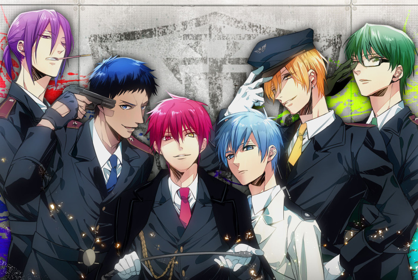 6+boys akashi_seijuurou aomine_daiki blonde_hair blue_eyes blue_hair commentary_request dark-skinned_male dark_skin formal glasses gloves green_eyes green_hair heterochromia highres ichi38 kise_ryouta kuroko_no_basuke kuroko_tetsuya male_focus midorima_shintarou military military_uniform multiple_boys murasakibara_atsushi photoshop_(medium) purple_hair red_eyes red_hair short_hair suit uniform yellow_eyes