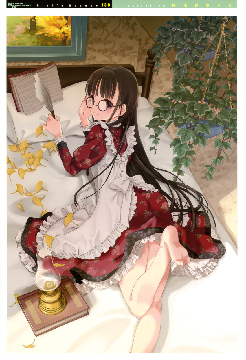 abeno_chako absurdres adjusting_eyewear autumn autumn_leaves barefoot bed book brown_hair dress feet female ginkgo_tree girl's_avenue glasses highres imageboard_desourced indoors lantern leg_lift legs long_hair looking_at_viewer looking_back lying megami_magazine non-web_source on_bed on_stomach plant potted_plant purple_eyes quill solo very_long_hair