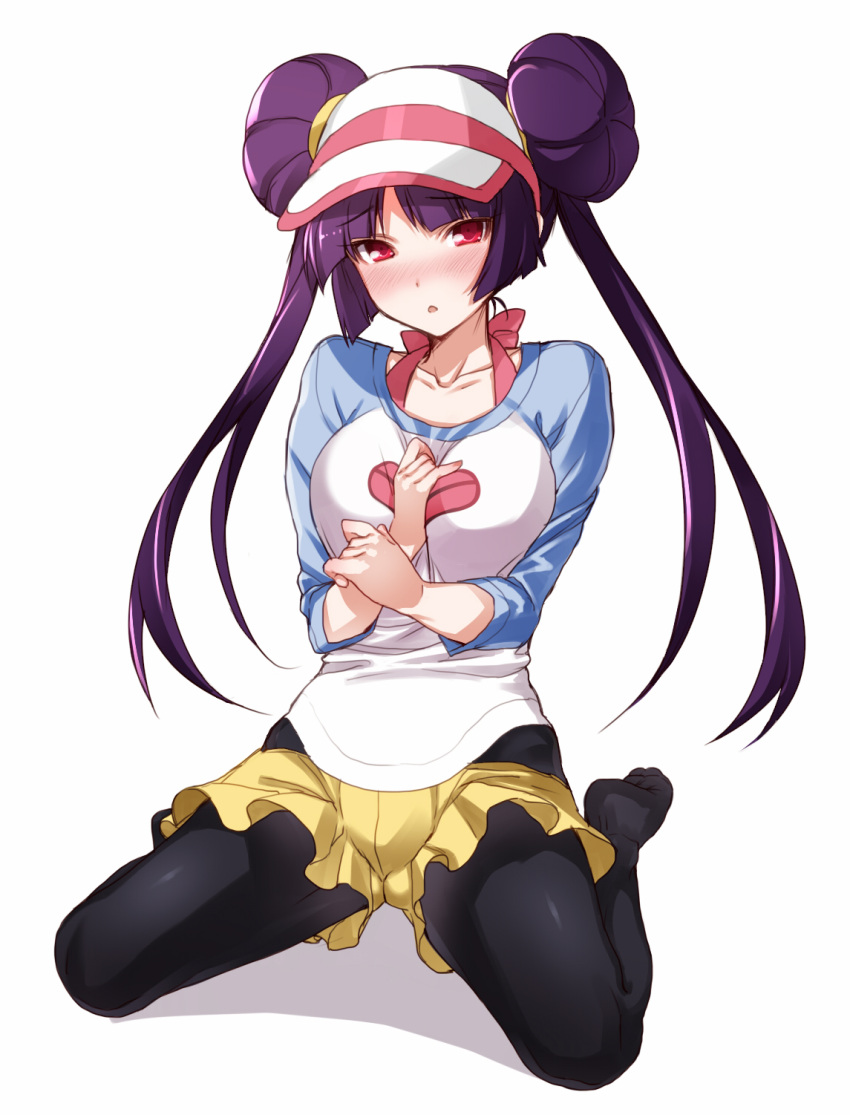 :o blush breasts commentary_request cosplay double_bun feet female hair_bun hat highres hizuki_akira kneeling large_breasts long_hair pantyhose pantyhose_under_shorts pokemon pokemon_bw2 purple_hair raglan_sleeves red_eyes rosa_(pokemon) rosa_(pokemon)_(cosplay) sabrina_(pokemon) shorts solo tsurime twintails yellow_shorts