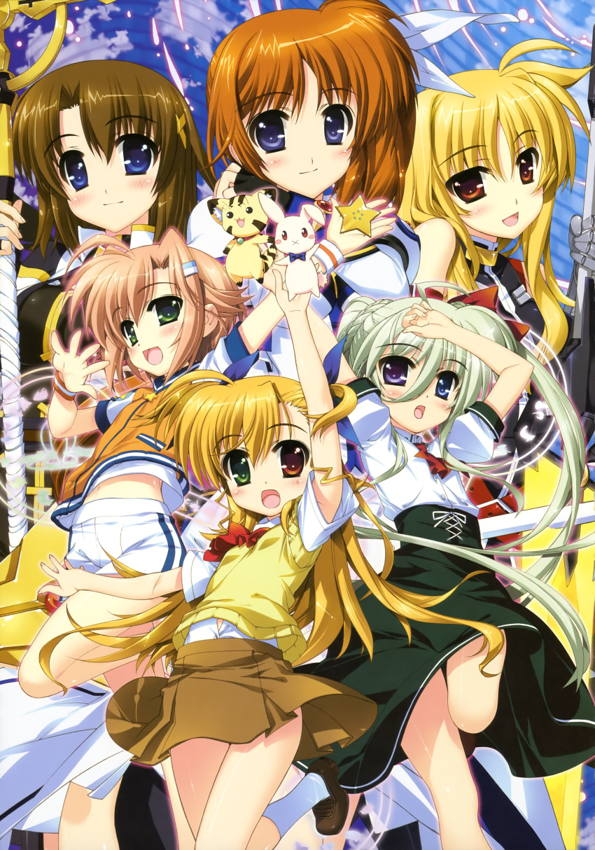 6+girls :d absurdres asteion bardiche_(nanoha) bardiche_(zanber_form)_(nanoha) blonde_hair blue_eyes blush bow brown_hair einhard_stratos fate_testarossa fate_testarossa_(true_sonic_form) feline fingerless_gloves fujima_takuya gloves green_eyes green_hair hair_ornament hair_ribbon highres long_hair lyrical_nanoha magical_girl mahou_shoujo_lyrical_nanoha_vivid miura_rinaldi multiple_girls navel oerba_yun_fang official_art open_mouth pink_hair purple_eyes rabbit raising_heart raising_heart_(exceed_mode) red_eyes ribbon sacred_heart scan school_uniform schwertkreuz short_hair side_ponytail smile socks st._hilde_academy_of_magic_uniform staff star_(symbol) star_saber_(nanoha) sweater_vest takamachi_nanoha takamachi_nanoha_(exceed_mode) vivio wristband yagami_hayate