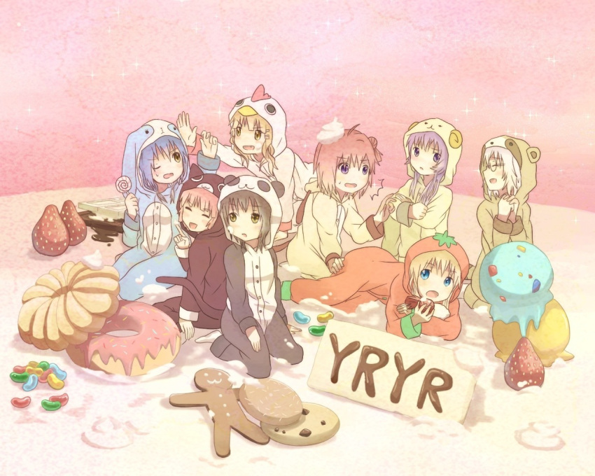 6+girls akaza_akari animal_costume bad_id bad_pixiv_id black_hair blonde_hair blue_eyes blue_hair brown_eyes candy cat_costume closed_eyes cookie don-0429 doughnut food fruit funami_yui furutani_himawari gingerbread_man ikeda_chitose multiple_girls oomuro_sakurako pajamas panda_costume purple_eyes purple_hair rabbit_costume raccoon_costume red_hair strawberry sugiura_ayano tomato_costume toshinou_kyouko yoshikawa_chinatsu yuru_yuri