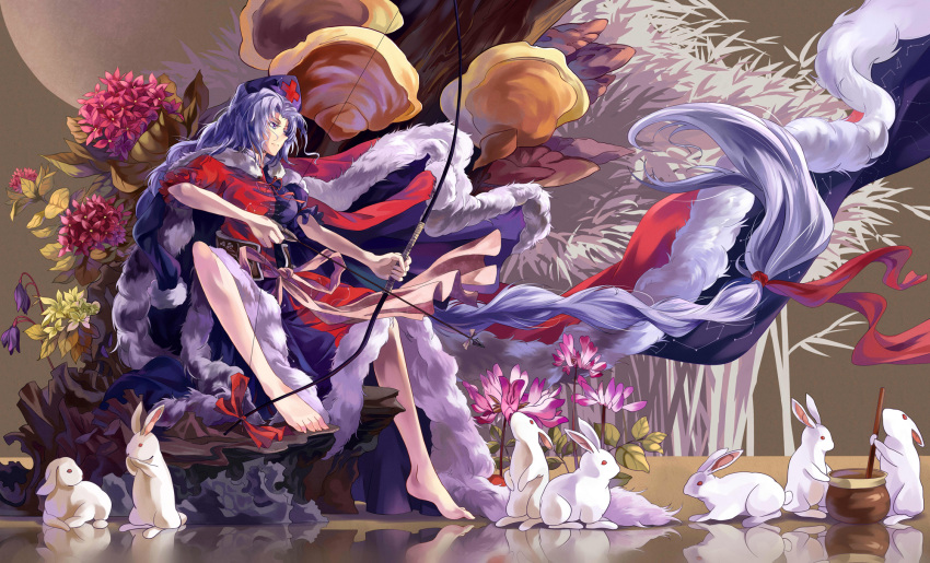 arrow_(projectile) artistic_error bad_reflection barefoot blue_eyes bow_(weapon) commentary_request feet female flower grey_hair hat highres holding hydrangea long_hair long_legs neko_(yanshoujie) nurse_cap photoshop_(medium) rabbit reflection sitting solo too_many too_many_rabbits touhou tree very_long_hair weapon yagokoro_eirin