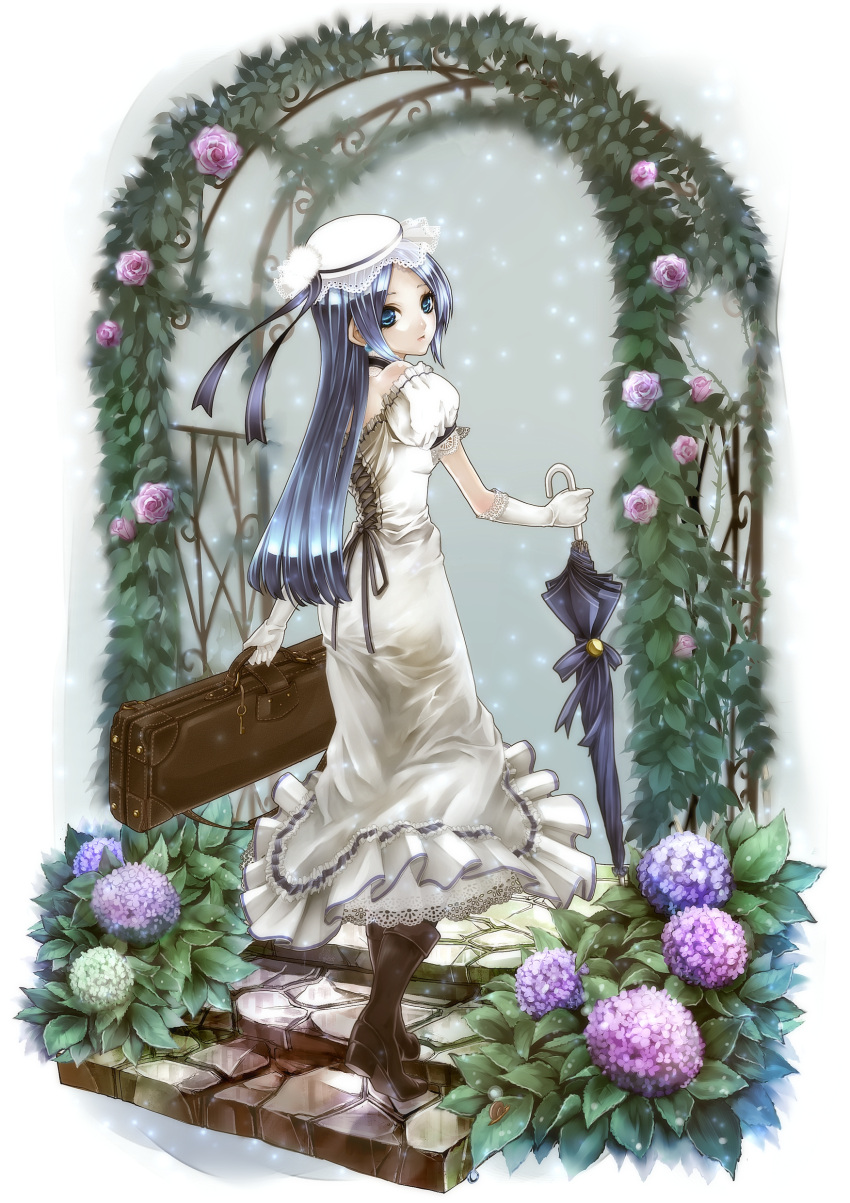 absurdres bare_shoulders blue_eyes blue_hair boots choker closed_umbrella commentary_request dress earrings elbow_gloves female flower gloves hat highres hydrangea jewelry key kininaljaguar leaf long_hair looking_back original puffy_sleeves ribbon snail stairs suitcase thorns umbrella