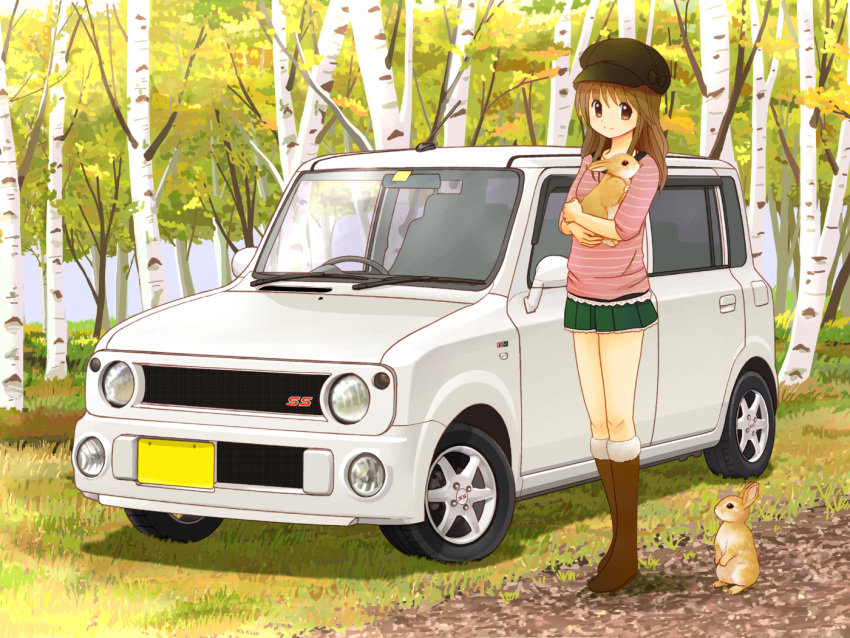 bad_id bad_pixiv_id boots brown_eyes brown_hair car carrying eijima_moko female full_body fur_boots hat long_hair motor_vehicle original pleated_skirt rabbit skirt smile standing tree ugg_boots vehicle_focus