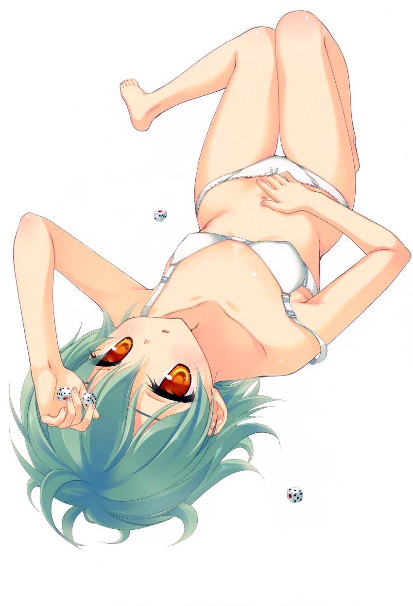 absurdres arm_up bare_legs bare_shoulders barefoot bow bow_panties bra collarbone dice female green_hair hidan_no_aria highres kobuichi lying navel on_back orange_eyes panties parted_lips photoshop_(medium) reki_(hidan_no_aria) scan short_hair solo strap_slip underwear underwear_only upside-down white_bra white_panties