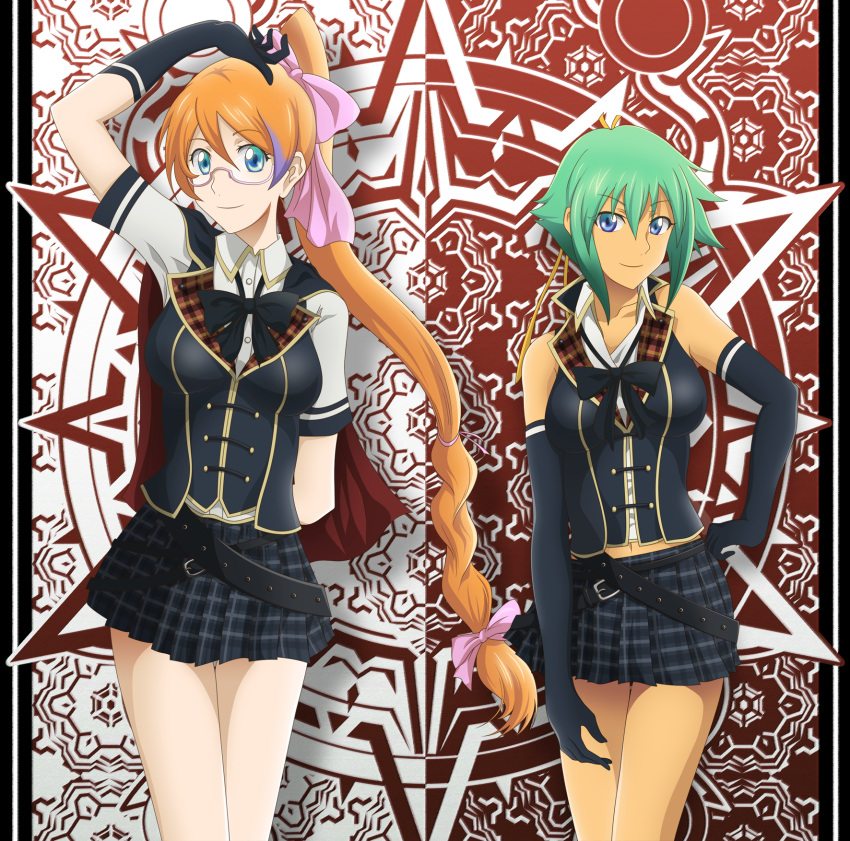 2girls aquarion_(series) aquarion_evol bad_id bad_pixiv_id bow bowtie elbow_gloves glasses gloves green_hair hairbow highres long_hair miniskirt mix_(aquarion) multicolored_hair multiple_girls navel orange_hair ponytail ribbon short_hair skirt tennen_ahoke very_long_hair zessica_wong