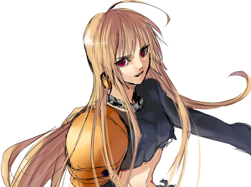 ahoge armor blonde_hair commentary_request crop_top earrings fate/stay_night fate/zero fate_(series) female genderswap_(mtf) gilgamesh_(fate) jewelry kabio long_hair necklace pauldrons red_eyes rule_63 shoulder_armor solo tattoo