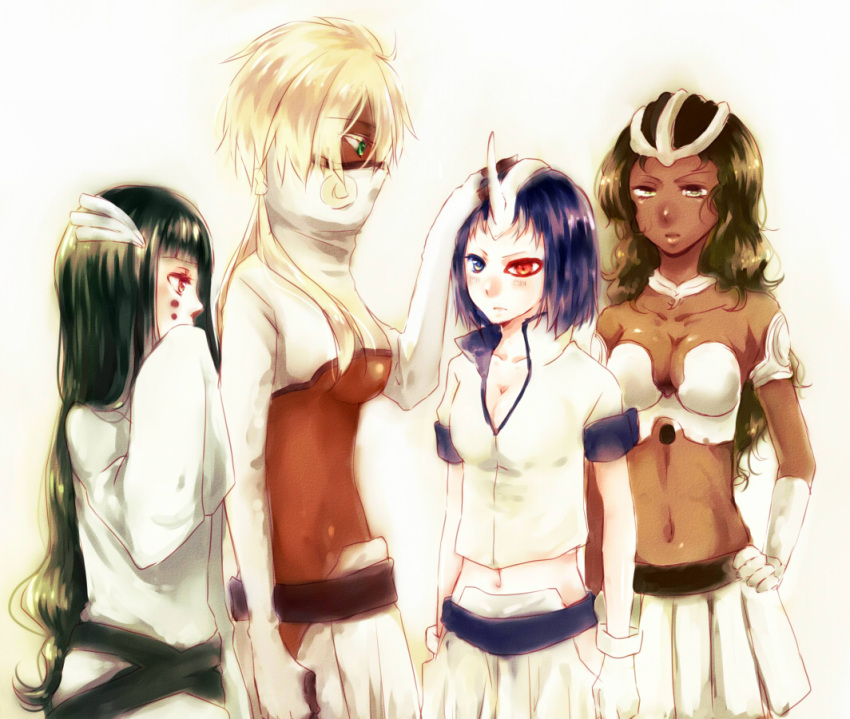 4girls arrancar bleach blonde_hair blue_eyes blue_hair breasts brown_eyes brown_hair cleavage cuffs cyan_sung-sun dark_skin emilou_apacci espada facial_mark franceska_mila_rose gloves green_eyes hair_ornament heterochromia hole hollow hollow_hole horn long_hair midriff multiple_girls navel purple_eyes red_eyes short_hair sleeves tan tier_harribel underboob you_zasshoku