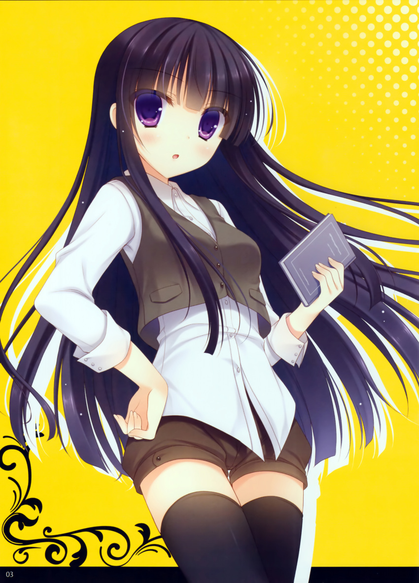 absurdres black_hair black_shorts black_thighhighs book dress_shirt female hand_on_own_hip highres inu_x_boku_ss long_hair open_mouth purple_eyes scan shirakiin_ririchiyo shirt shorts solo thigh_gap thighhighs vest yukie_(peach_candy)