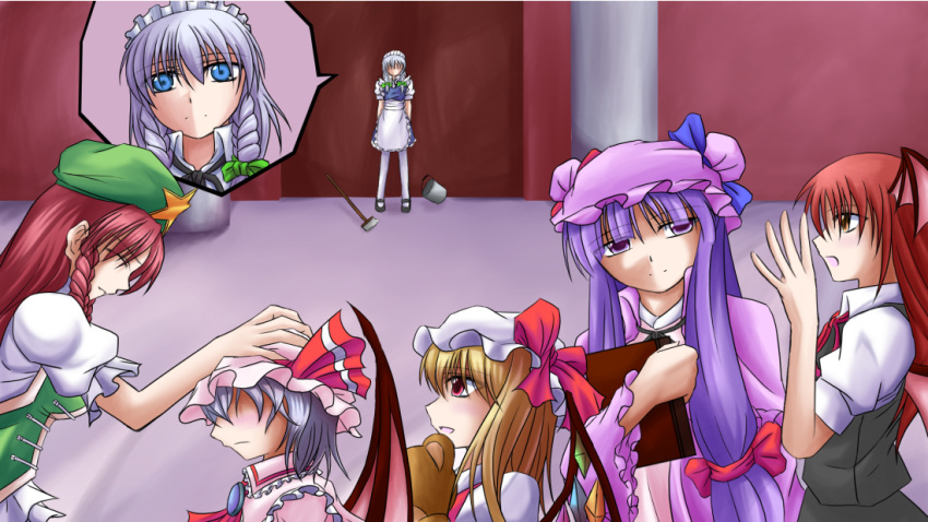 6+girls blue_eyes book crescent female flandre_scarlet girl hair_ribbon hair_ribbons hong_meiling izayoi_sakuya koakuma long_hair multiple_girls pandora_(angelfeather-heart) patchouli_knowledge purple_eyes purple_hair red_hair remilia_scarlet ribbon short_hair stuffed_animal stuffed_toy teddy_bear touhou