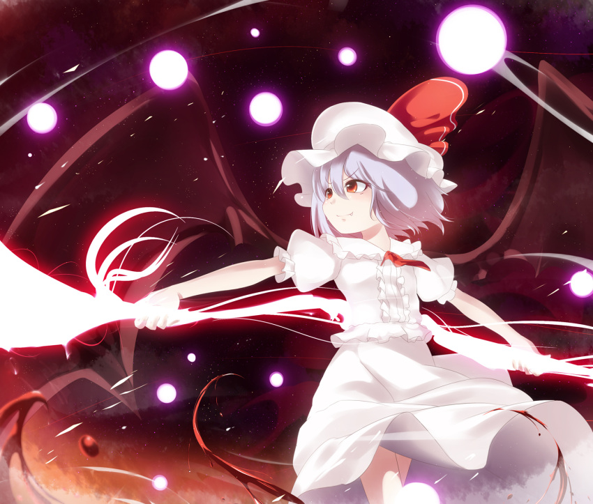 bat_wings blood blue_hair blurry commentary_request danmaku depth_of_field dress female hat highres meracle oerba_yun_fang photoshop_(medium) red_eyes remilia_scarlet ribbon smile solo spear_the_gungnir touhou wings