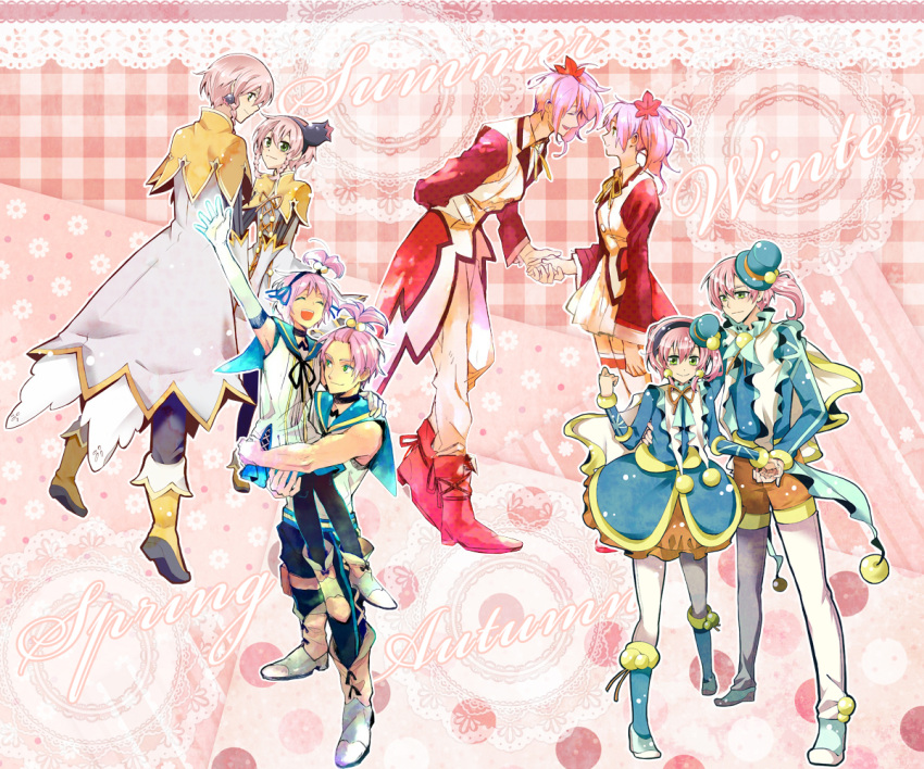 4boys 4girls alfa_system boots breasts capelet closed_eyes coat earrings elbow_gloves gloves green_eyes hairband hat jewelry kanonno_earhart kanonno_grassvalley multiple_boys multiple_girls pants pantyhose pasca_kanonno pink_hair ribbon shoes side_ponytail tales_of_(series) tales_of_the_world_radiant_mythology tales_of_the_world_radiant_mythology_2 tales_of_the_world_radiant_mythology_3 thighhighs