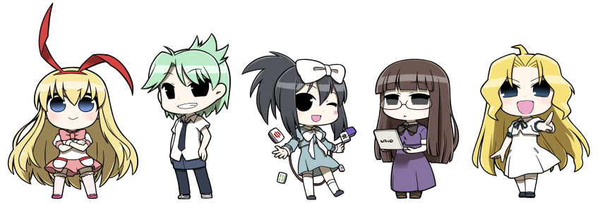 >:) 5girls :> :d amae_koromo animal_ears asymmetrical_legwear black_eyes black_hair blonde_hair blue_eyes blunt_bangs bow brown_hair chibi commentary_request computer crossed_arms dress facial_mark fake_animal_ears glasses green_hair grin hairbow hands_on_own_hips highres inoue_jun kneehighs kunihiro_hajime laptop long_hair mahjong multiple_girls necktie one_eye_closed open_mouth pants pants_under_skirt pointing ponytail purple_dress rabbit_ears ryuumonbuchi_touka saki_(manga) saki_achiga-hen sawamura_tomoki shoes short_hair simple_background skirt smile socks standing thighhighs ume_(noraneko) uneven_legwear v-shaped_eyebrows very_long_hair white_background white_dress