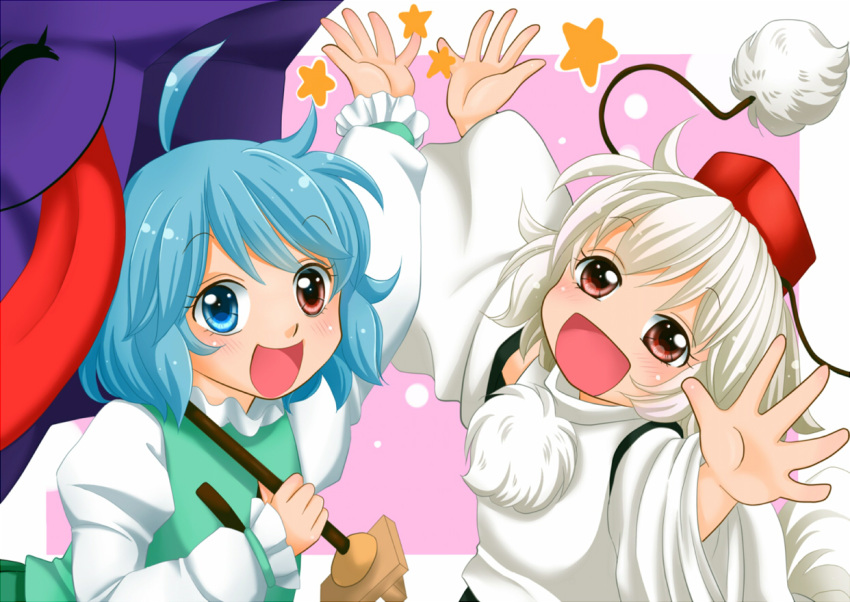 2girls ^_^ ahoge arm_up blue_eyes blue_hair blush closed_eyes commentary_request hat heterochromia inubashiri_momiji karakasa_obake multiple_girls open_mouth purple_umbrella red_eyes short_hair smile star_(symbol) tatara_kogasa tokin_hat tongue tongue_out touhou umbrella white_hair yuzuna99