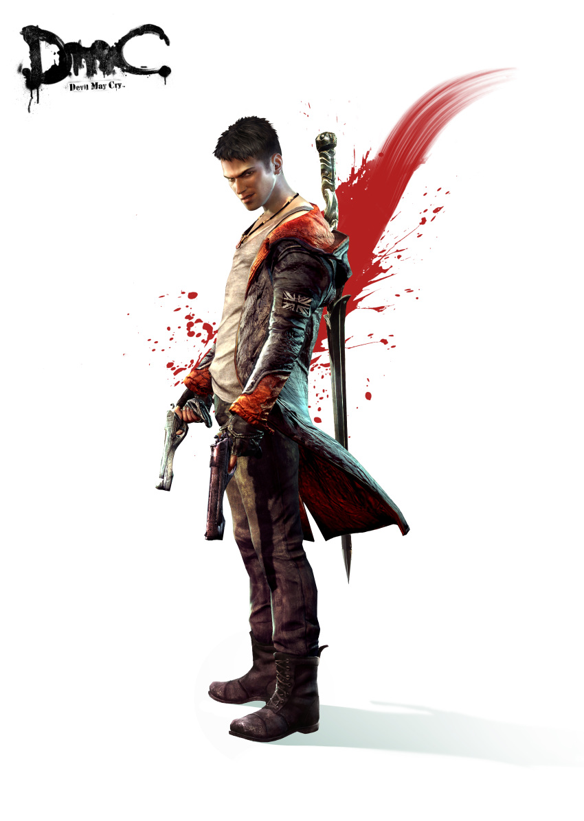 1boy black_eyes black_hair capcom dante devil_may_cry dmc:_devil_may_cry fuck_you gloves male male_focus official_art pistols shiny sword weapon