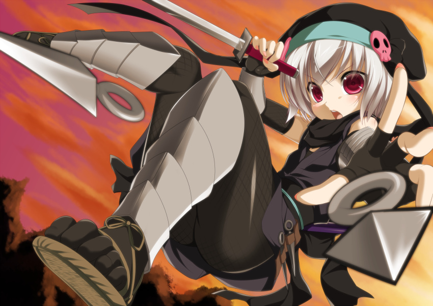 :o commentary_request female fingerless_gloves gloves hachisuka_goemon hat highres holding kunai oda_nobuna_no_yabou open_mouth pantyhose red_eyes sandals short_hair silver_hair solo sword tabi throwing toron_(mino106) v-shaped_eyebrows weapon