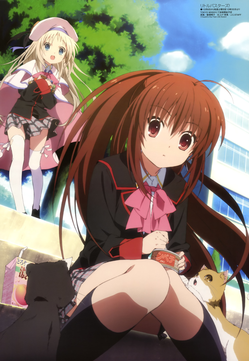 2girls absurdres blonde_hair blue_eyes bow brown_eyes brown_hair hat highres iizuka_haruko imageboard_desourced little_busters! little_busters!_school_uniform megami_magazine multiple_girls natsume_rin non-web_source noumi_kudryavka official_art pink_bow school_uniform skirt socks thighhighs zettai_ryouiki