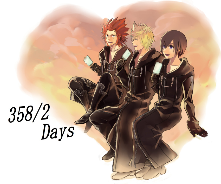 2boys axel_(kingdom_hearts) black_coat_(kingdom_hearts) black_hair blonde_hair blue_eyes boots cloak closed_eyes commentary_request female food gloves green_eyes highres ice_cream kingdom_hearts kingdom_hearts_358/2_days male_focus multiple_boys naoko1215 open_mouth organization_xiii red_hair roxas short_hair sitting smile xion_(kingdom_hearts)