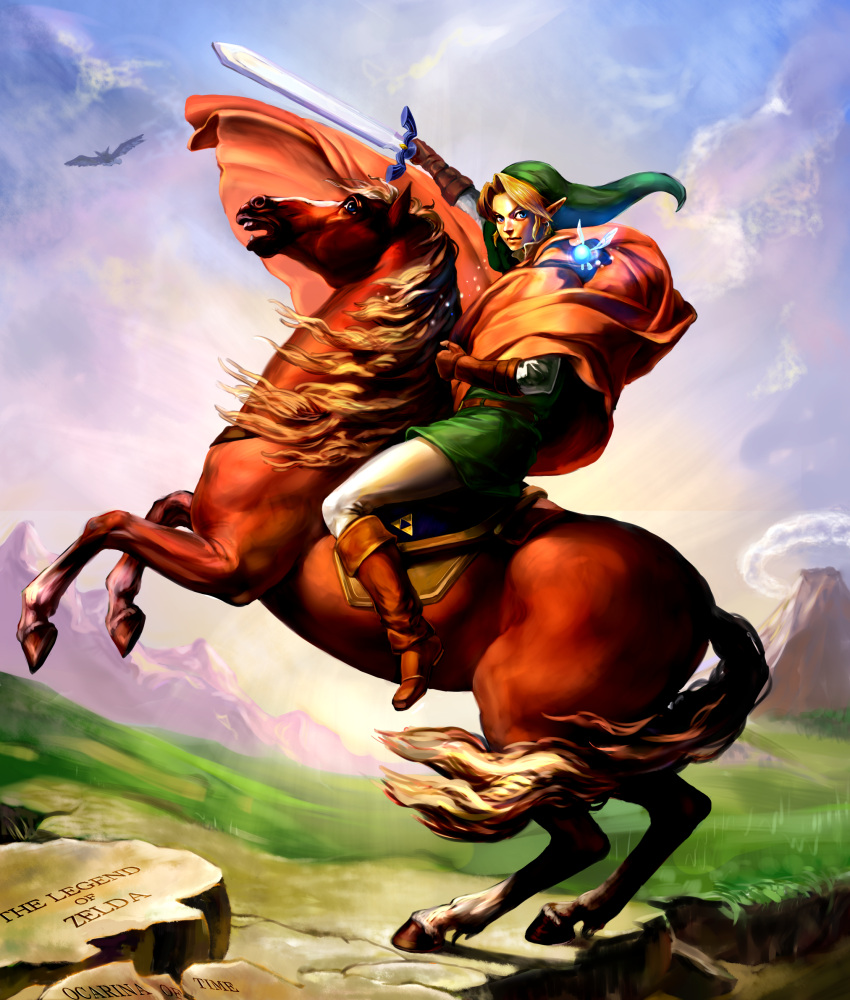 1boy blonde_hair butiboco cape commentary_request copyright_name epona fine_art_parody gloves hat highres horse horseback_riding link male_focus napoleon_bonaparte napoleon_crossing_the_alps navi parody pointy_ears rearing riding sword the_legend_of_zelda the_legend_of_zelda:_ocarina_of_time triforce weapon