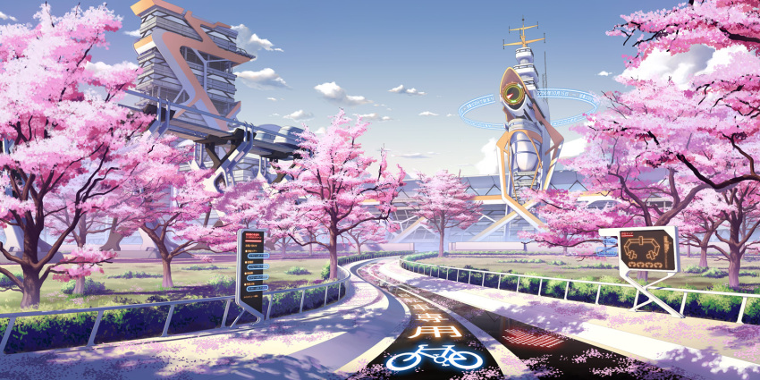 arrow_(symbol) building cherry_blossoms cloud commentary_request culture_japan day grass highres mirai_millennium no_humans outdoors pinakes road scenery sky spring_(season) tree