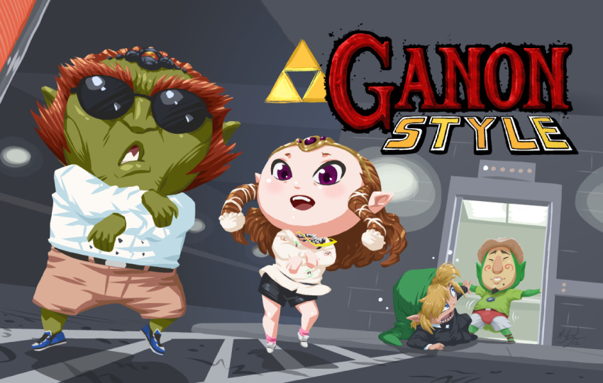 3boys blonde_hair brown_hair chibi colored_skin commentary_request cowboy_hat dancing elevator female formal gangnam_style ganondorf gerudo green_skin hat jewelry link long_hair michael_mayne multiple_boys necklace open_mouth orange_hair parody pointy_ears princess_zelda psy purple_eyes shirt shorts sidelocks suit sunglasses the_legend_of_zelda the_legend_of_zelda:_twilight_princess thick_eyebrows tiara tingle triforce