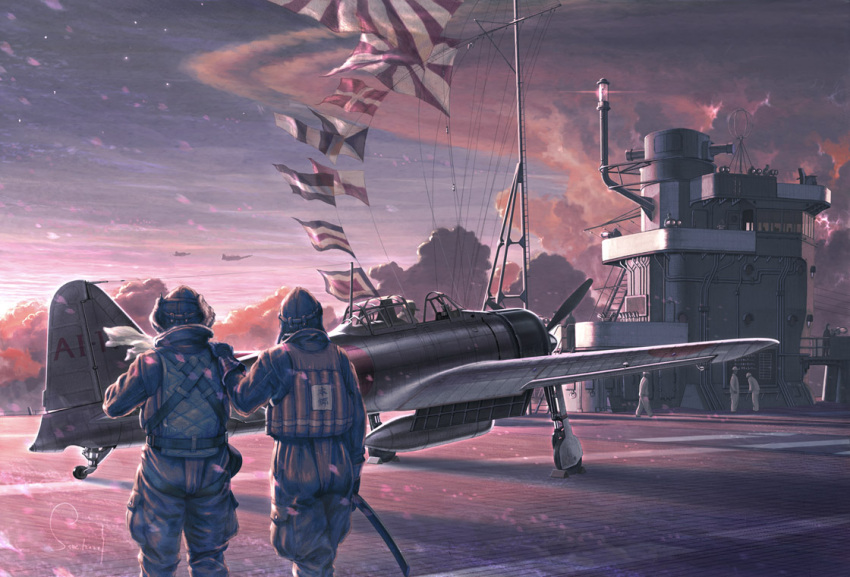 5boys a6m_zero aircraft aircraft_carrier airplane belt cloud commentary_request explosion flag flight_deck from_behind hand_on_another's_shoulder hat imperial_japanese_navy japan japanese_flag katana landing_gear lightning military military_vehicle multiple_boys original outdoors photoshop_(medium) pilot pilot_suit propeller realistic rising_sun_flag roundel runway sailor same_(carcharodon) scarf shadow sheath ship signal_flag signature sky smoke storm string_of_flags sunburst sunset sword vehicle_focus warship watercraft weapon wind world_war_ii