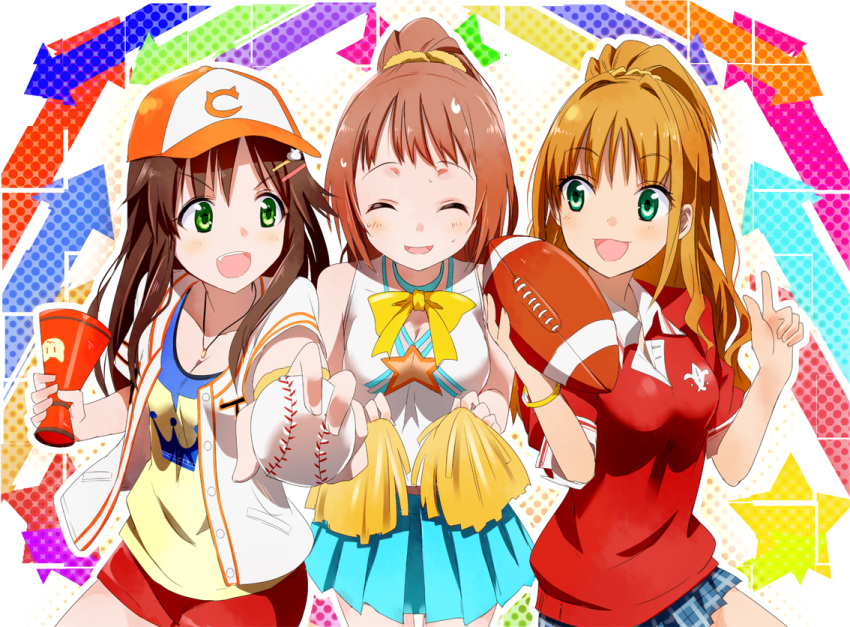 3girls american_football bad_id bad_pixiv_id baseball baseball_cap blush brown_hair closed_eyes gotyou green_eyes hair_ornament hairclip hat himekawa_yuki hino_akane_(idolmaster) idolmaster idolmaster_cinderella_girls long_hair multiple_girls open_mouth pom_pom_(cheerleading) ponytail school_uniform short_hair skirt smile wakabayashi_tomoka