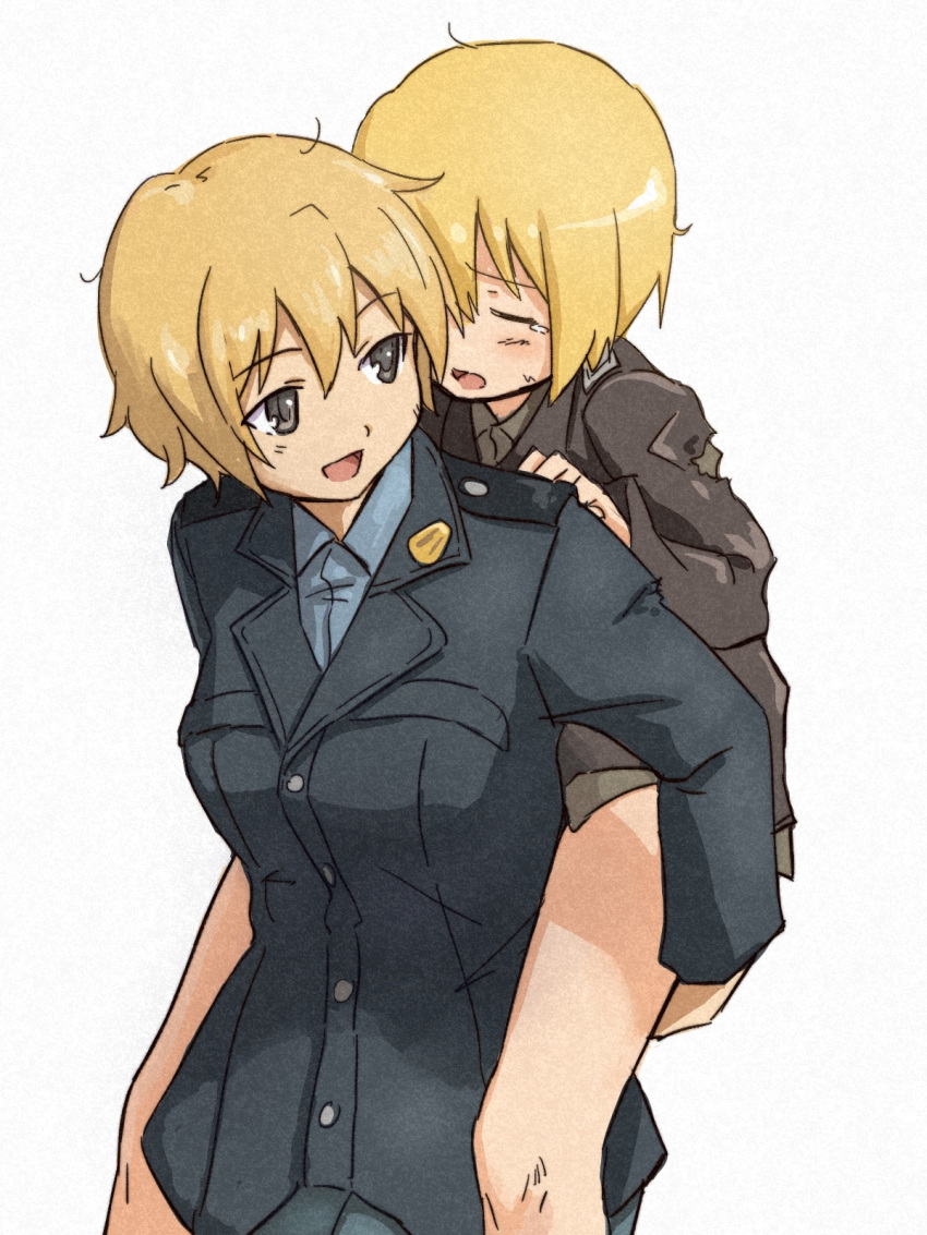 2girls blonde_hair blue_eyes brave_witches carrying commentary erica_hartmann highres military military_uniform multiple_girls pantyhose piggyback shibasaki_shouji simple_background strike_witches uniform waltrud_krupinski world_witches_series