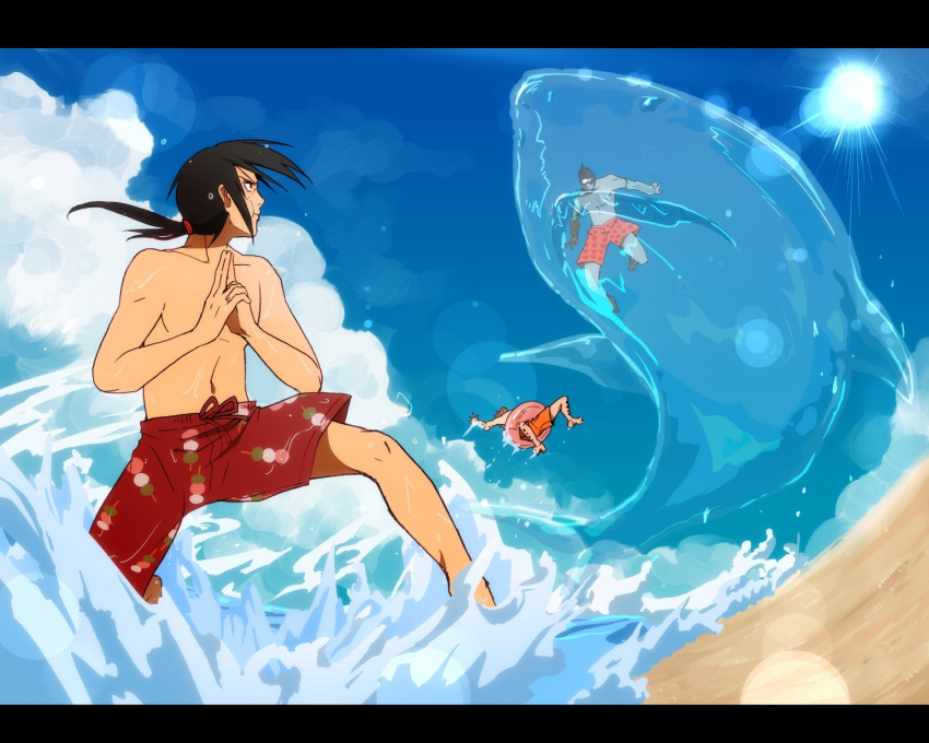 3boys bad_id bad_pixiv_id battle beach black_hair blue_sky casting_spell cloud colored_skin dango day duel fish_boy food grey_skin hand_gesture highres hoshigaki_kisame hydrokinesis incoming_attack letterboxed mackerel_(sabanoneko) magic male_focus monster_boy multiple_boys naruto naruto_(series) naruto_shippuuden outdoors pain_(naruto) ponytail shark shark_boy sky sun uchiha_itachi wagashi water waves yahiko_(naruto)