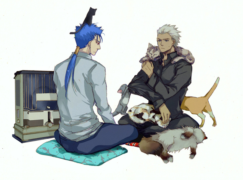 2boys animal animal_on_head archer_(fate) blue_hair casual cat_on_head commentary_request crimo cu_chulainn_(fate) cu_chulainn_(fate/stay_night) dark-skinned_male dark_skin fate/stay_night fate_(series) feline grey_eyes long_hair male_focus multiple_boys on_head photoshop_(medium) ponytail red_eyes white_hair