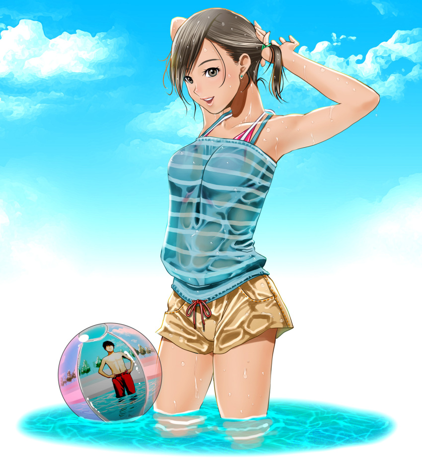 1boy adjusting_hair ball beachball bikini bikini_under_clothes black_eyes black_hair casual cloud commentary_request day female hayakawa_pao highres navel original reflection see-through short_hair sky standing swimsuit wading wet wet_clothes