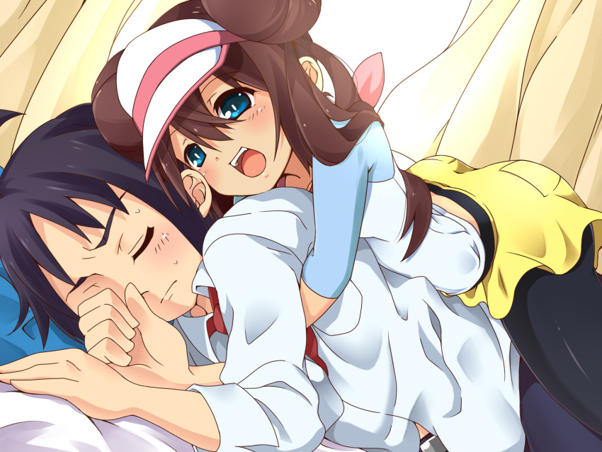 1boy ahoge artist_request black_hair blue_eyes blush brown_hair cheren_(pokemon) closed_eyes double_bun female gym_leader hat highres hug kotomuke_fuurin mei_(pokemon) necktie pantyhose pokemon pokemon_(game) pokemon_bw2 smile tie visor